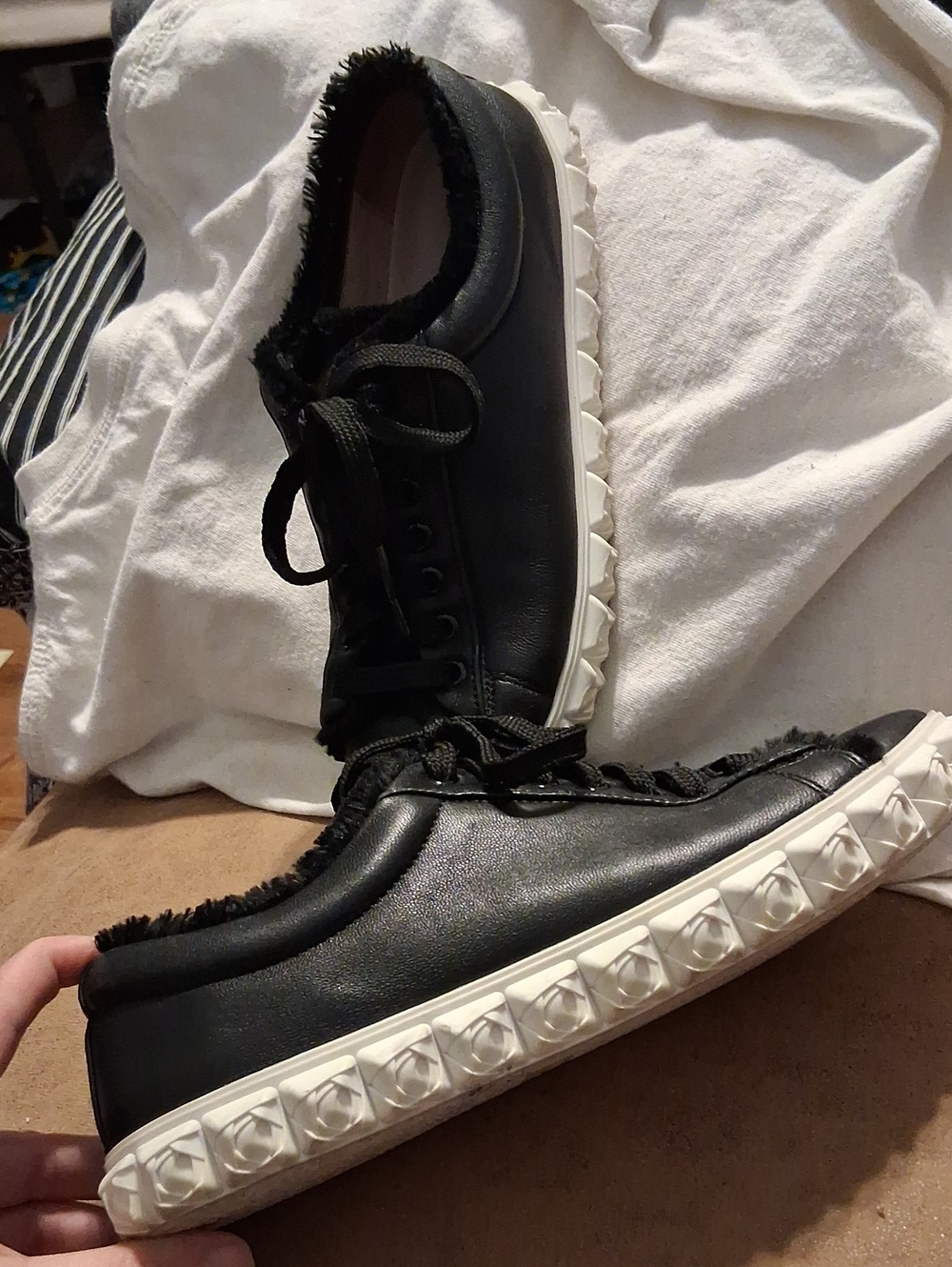 Women’s Black Low-Top Faux Leather Sneakers with Studded White Sole